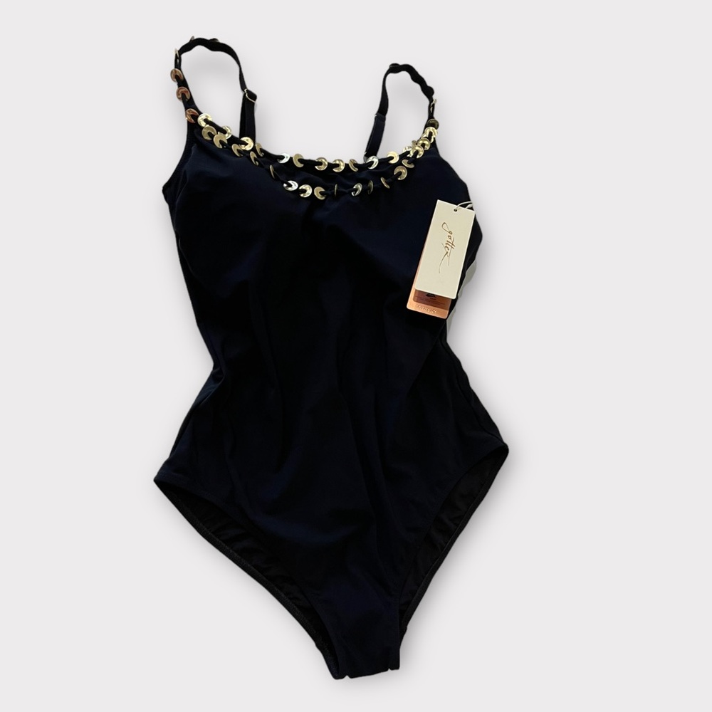 🆕 Gottex Gold Tone Detail Black Swimsuit *NEW WITH TAG* $189
